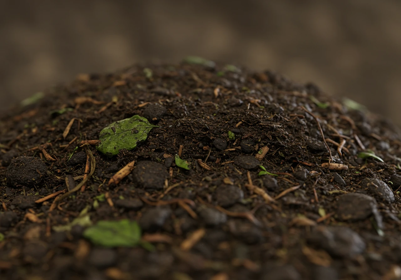 A close up of rich, dark brown compost. There should be visible pieces of decomposed organic matter such as leaves, twigs, and vegetable scraps. The overall impression is of moist, nutrient-rich soil amendment.