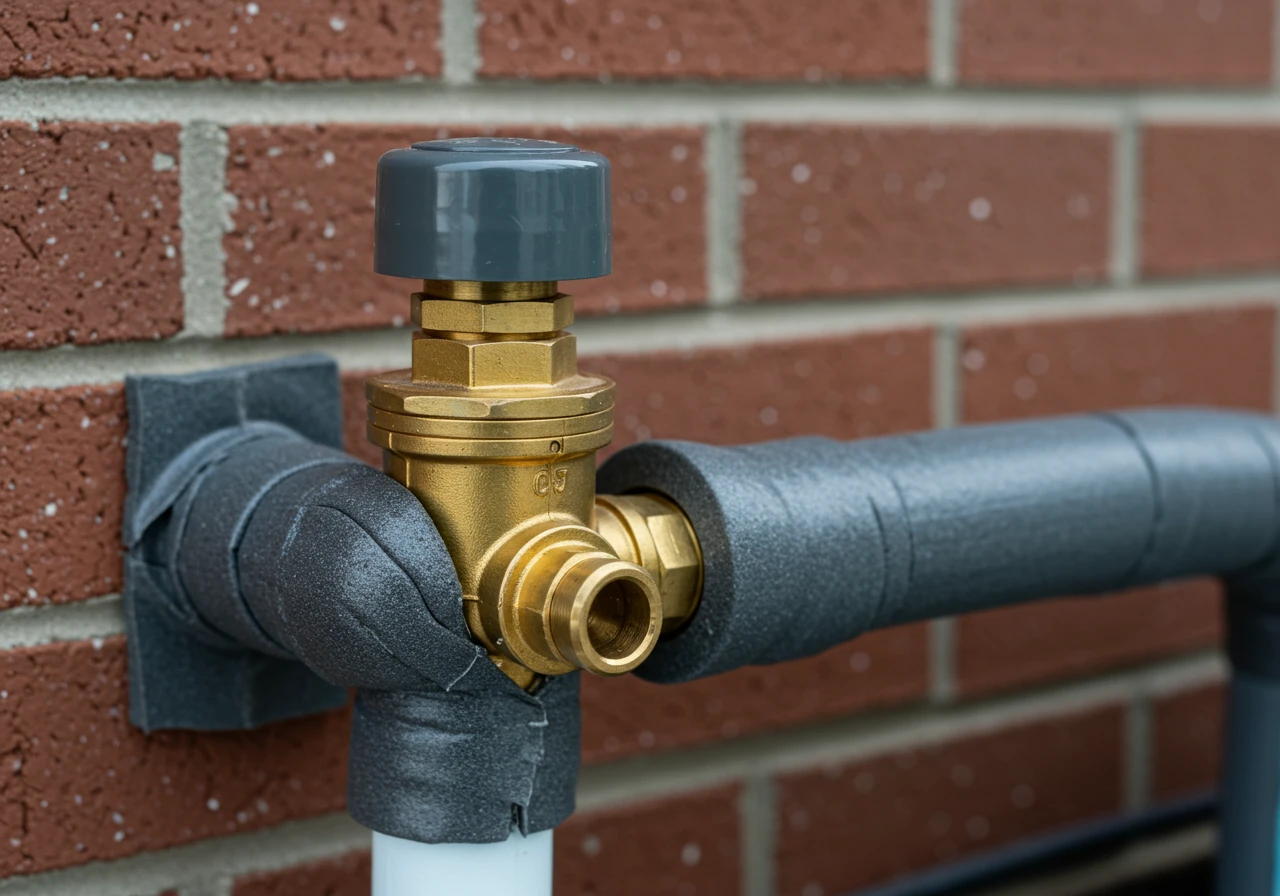A close-up view of an outdoor irrigation backflow preventer valve assembly, located near a house foundation, properly wrapped for winter with dark grey or black foam insulation tape or a fitted insulation pouch.