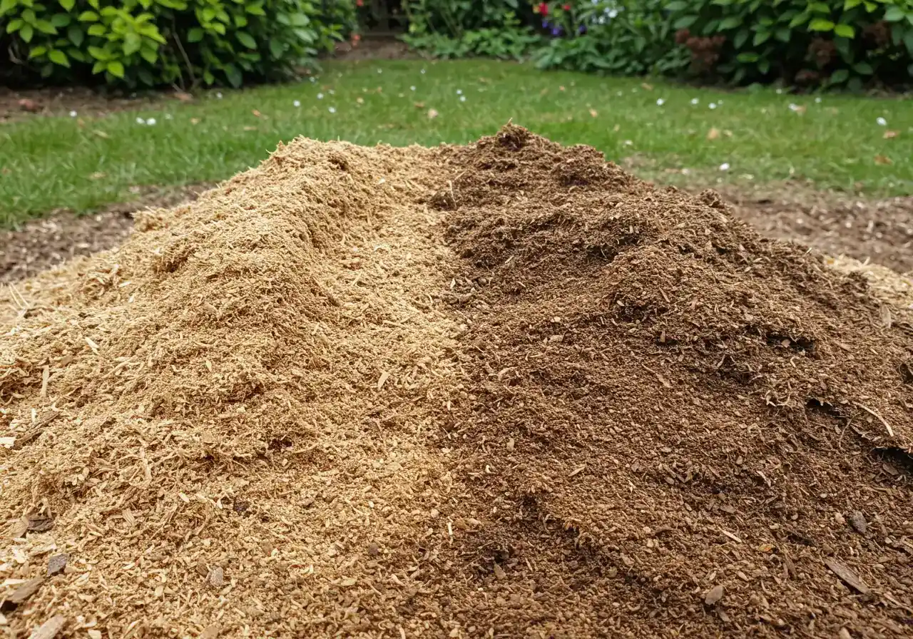 A close-up, slightly overhead view of the ground immediately after stump grinding. This image should clearly show the typical aftermath: a mixture of light-brown wood chips, sawdust, and darker original soil churned together. The texture should be visible, highlighting the fluffy nature of the grindings contrasted with the denser surrounding soil. No tools or people should be visible, focusing solely on the ground texture.