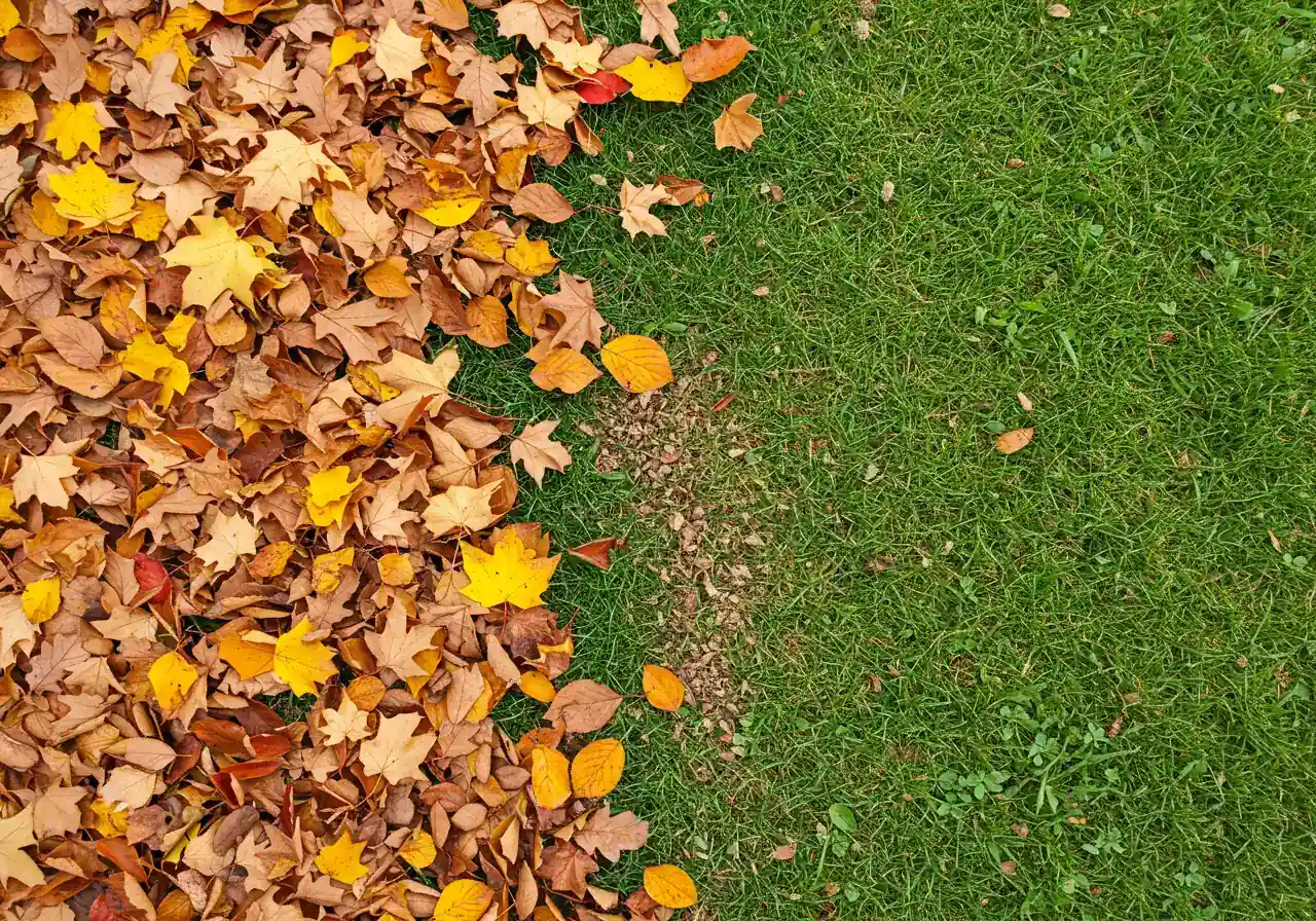 A close-up, slightly overhead view of a lawn showing a distinct contrast. Half the frame shows the lawn covered in a layer of colourful, whole autumn leaves (reds, oranges, yellows). The other half shows the same lawn after a mulching mower has passed over it, displaying finely shredded leaf particles distributed evenly amongst the green grass blades. The image should clearly illustrate the 'chop 'em where they lie' concept.