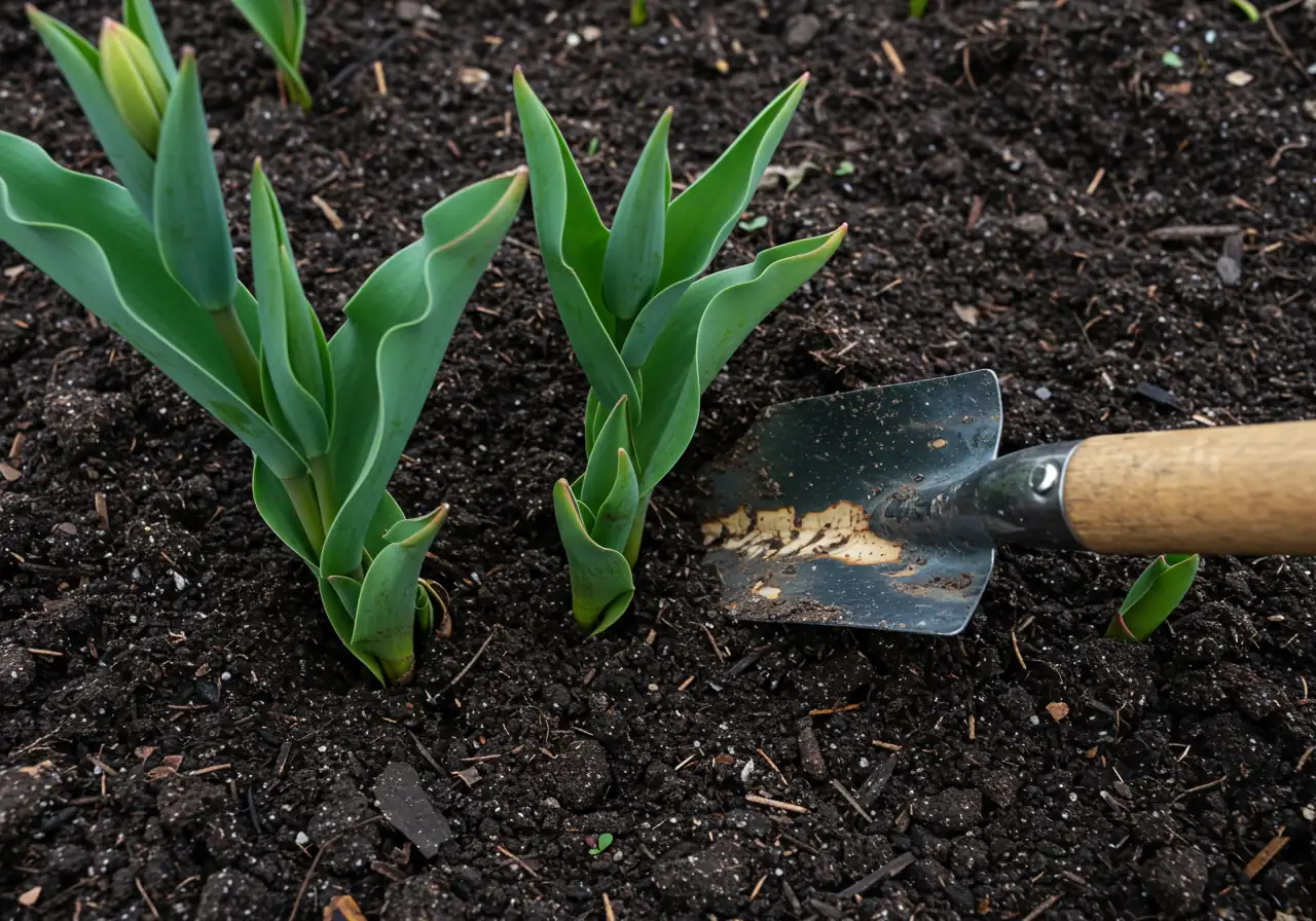 A close-up, slightly overhead view of a garden bed in early spring where newly emerging green tulip shoots are accidentally being sliced by a small hand trowel partially dug into the rich, dark soil. No hands are visible, just the trowel and the damaged shoots amidst other undisturbed soil and perhaps a few remaining dormant perennials.