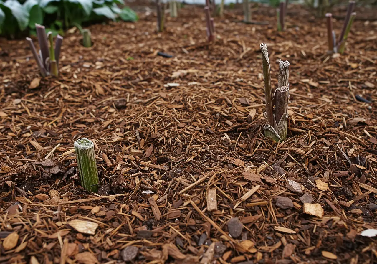A close-up view of a garden bed prepared for winter. Dormant perennials (like hosta crowns or cut-back ornamental grass bases) are visible, surrounded by a thick, generous layer (3-4 inches) of insulating organic mulch, such as shredded leaves or dark bark chips. The mulch covers the soil surface evenly around the plant bases. The image emphasizes the texture and depth of the protective mulch layer.