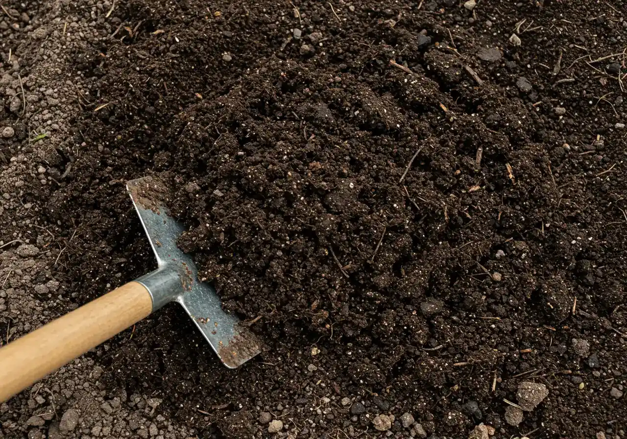 A visually rich image showing dark, crumbly, high-quality compost being incorporated into lighter-colored garden soil. The focus is on the texture contrast and the implication of improving soil health and structure. Maybe a few beneficial earthworms are visible.
