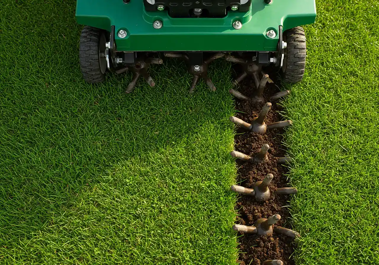 A close-up, slightly overhead shot of a core aeration machine's tines penetrating healthy green grass. Several extracted soil cores are lying on the surface of the lawn. The grass is a vibrant green, and the soil cores are dark and rich. The focus is on the aeration process, with the machine itself partially visible but not dominating the image. The action of pulling cores is evident.