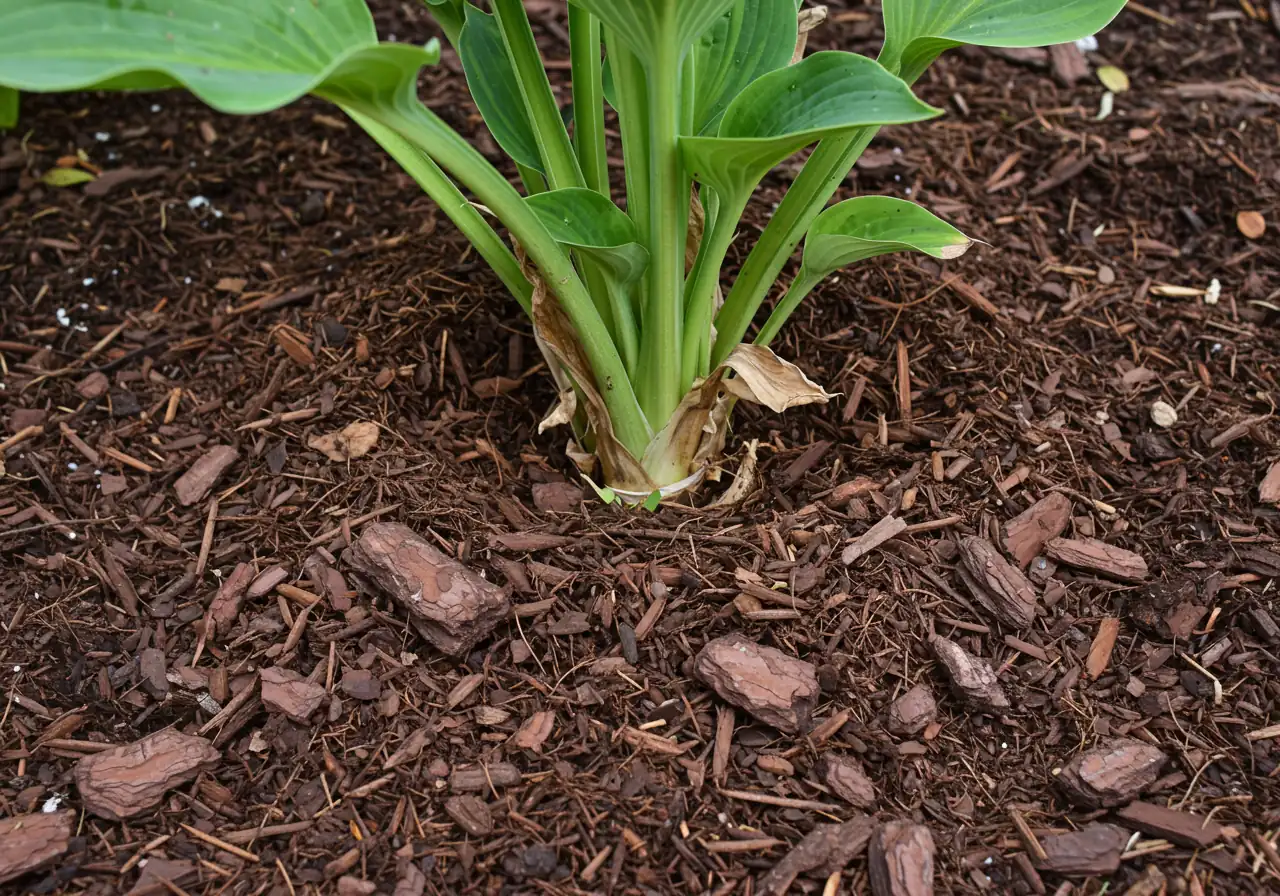 A clear view of proper mulching technique around the base of a dormant perennial or small shrub. Shows a 2-3 inch layer of shredded bark mulch applied neatly, with a distinct 'donut hole' gap around the plant's stem to prevent rot.