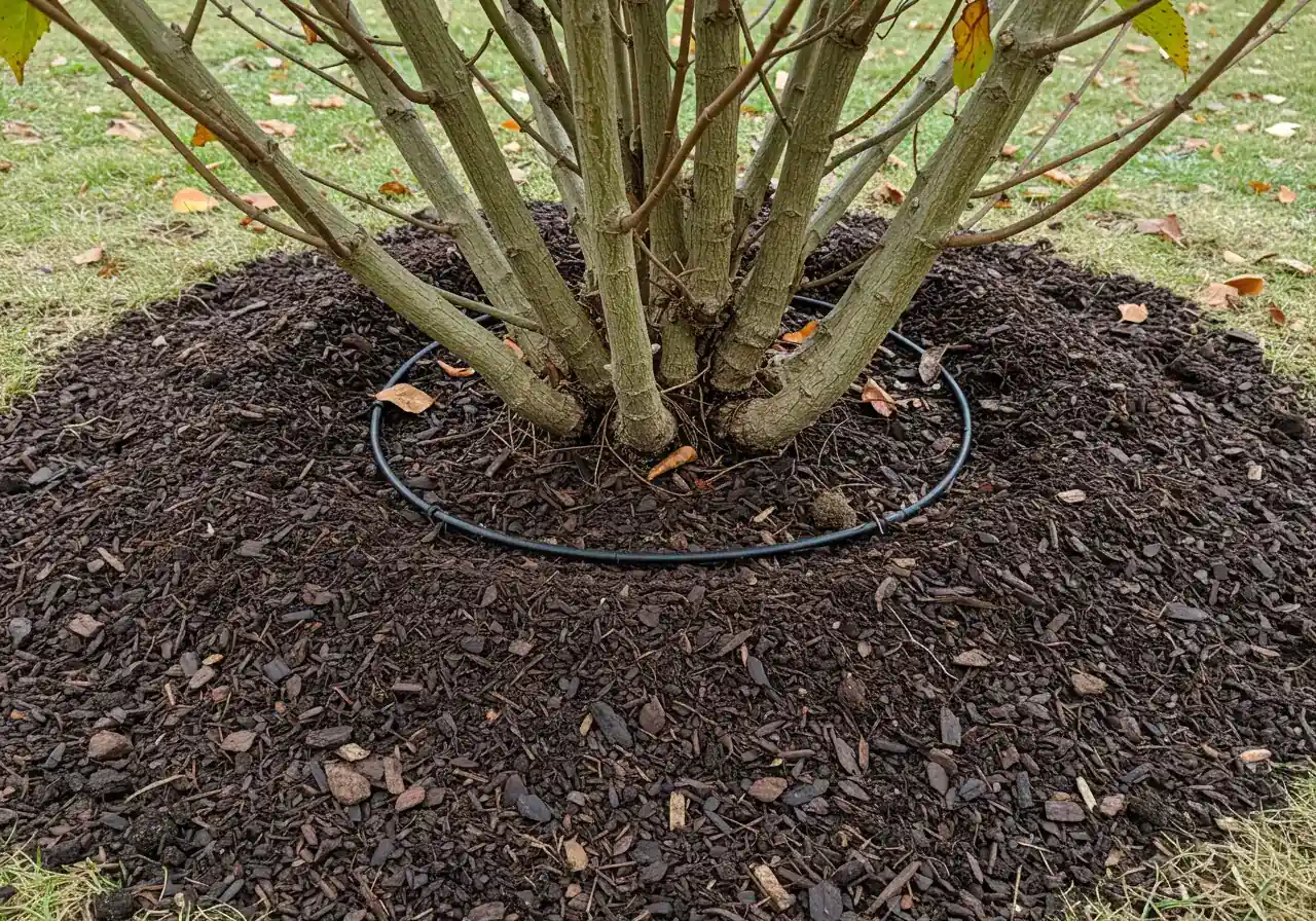 A close-up view of the base of a hydrangea shrub after proper fall mulching. Shows a thick, even layer (2-3 inches) of dark brown shredded leaf mulch spread around the plant's base, extending outwards. Crucially, the mulch is clearly pulled back a few inches from the visible woody stems emerging from the ground, creating a small mulch-free ring directly around the stems to prevent rot.