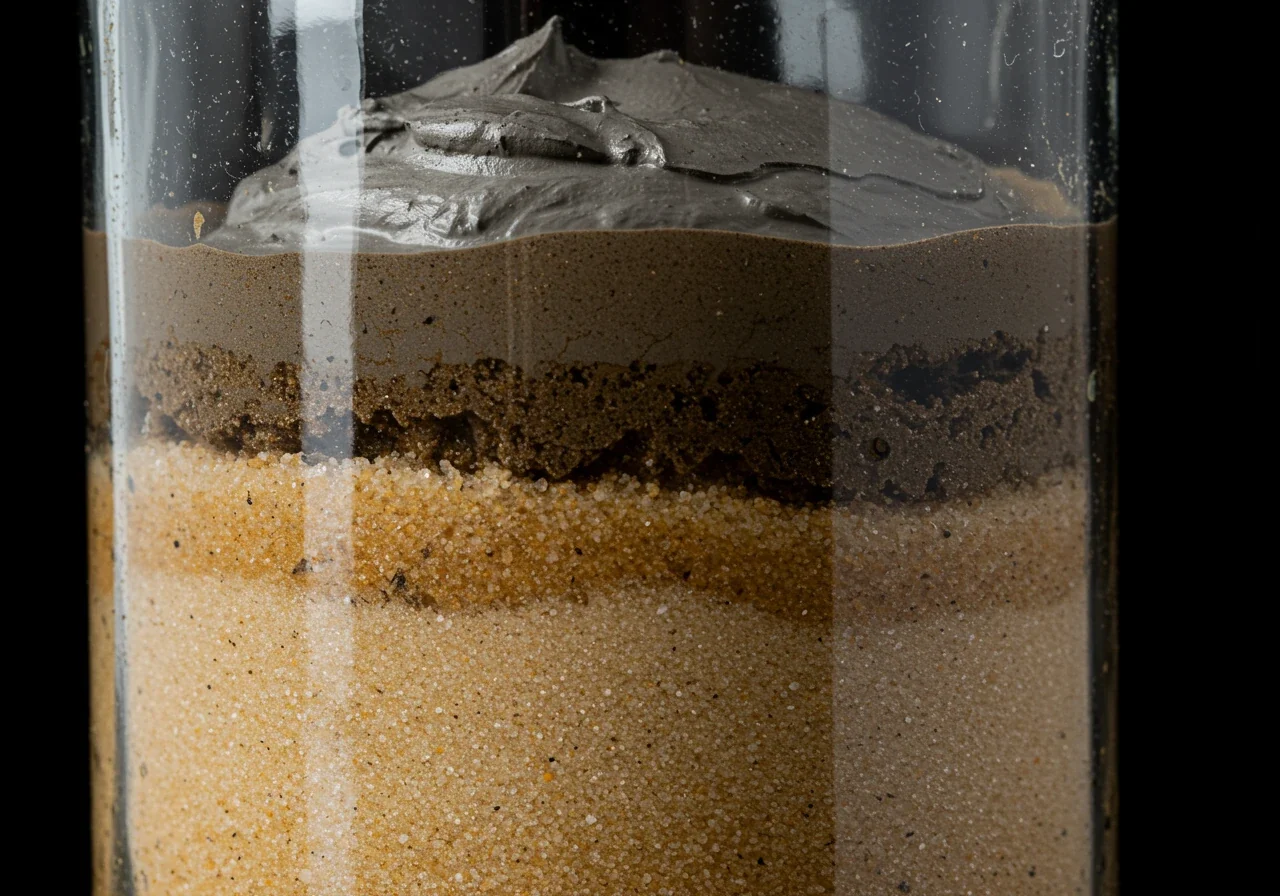 A visual representation of the soil jar test, showing distinct layers of sand, silt, and clay settled in a clear glass jar after being mixed with water and soap.