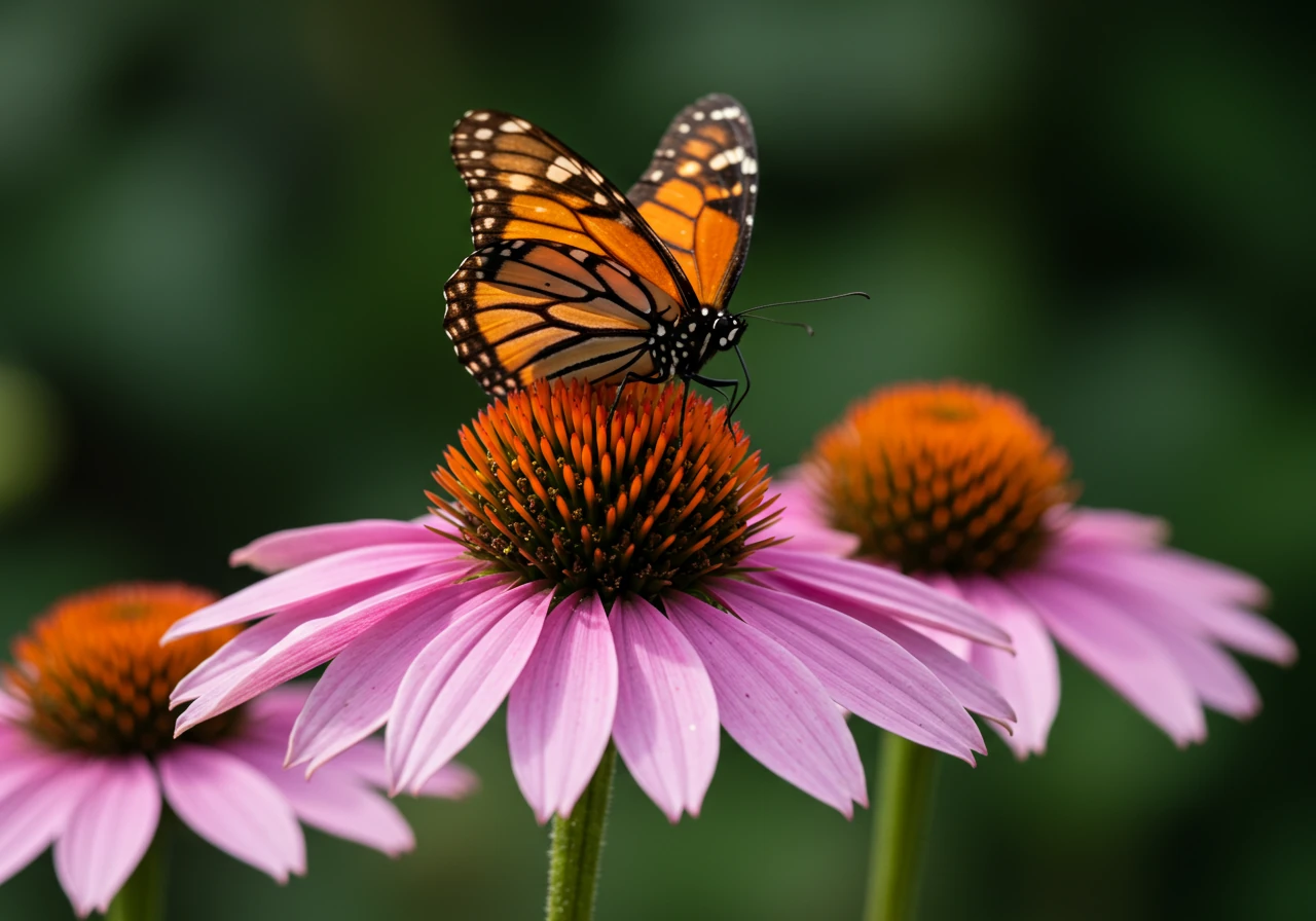 A striking close-up image of a Monarch butterfly perched delicately on a bright pink Purple Coneflower (Echinacea purpurea). The image highlights the intricate patterns on the butterfly's wings and the texture of the flower's petals and cone. The background is softly blurred, emphasizing the butterfly and flower interaction.