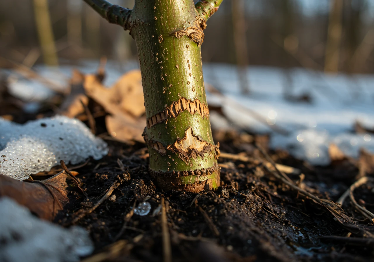 A close-up photograph focusing on the base of a deciduous shrub showing subtle rodent gnawing damage on the bark near the soil line, with lingering damp leaf litter and melting snow patches in the soft-focus background. Captures the need for careful inspection after winter.