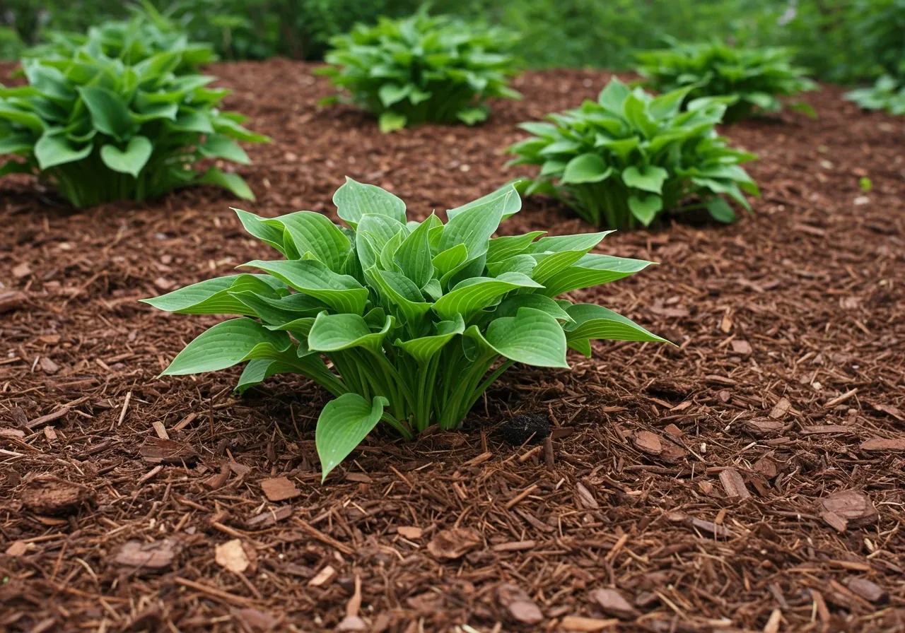 A clear view of a neatly mulched garden bed around the base of healthy green hosta plants. Shows a thick layer (2-3 inches) of dark brown shredded bark mulch evenly spread, with a distinct clean edge separating it from a lawn or path. Emphasizes the tidy appearance and moisture-retaining function of mulch, leaving a small mulch-free circle around the plant stems.