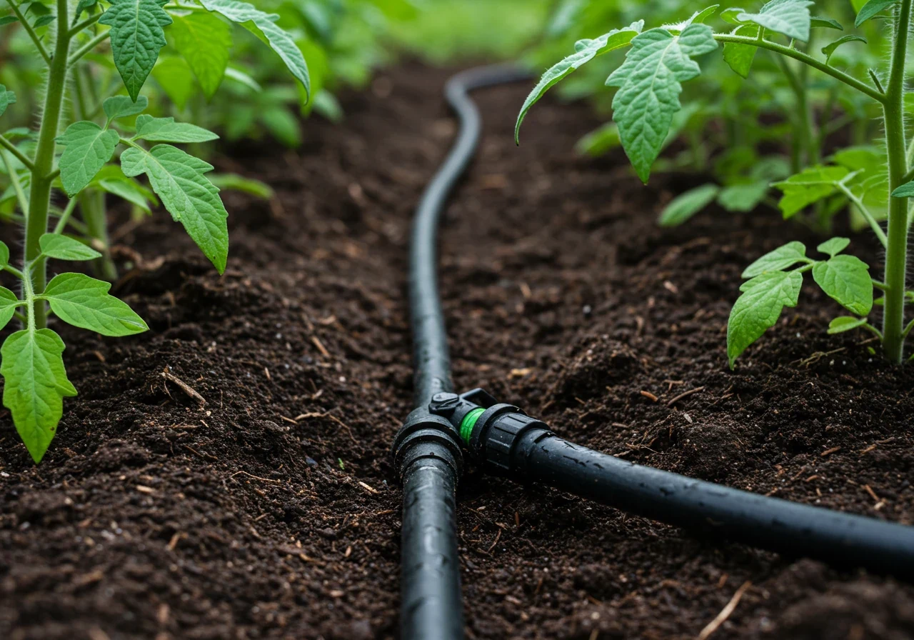 An image illustrating efficient watering. It should show a black soaker hose laid on the soil surface, snaking near the base of vegetable plants (like tomatoes or peppers) in a garden bed during early morning light. The soil around the hose should appear visibly dark and moist, indicating slow water delivery directly to the root zone, contrasting with drier soil further away.