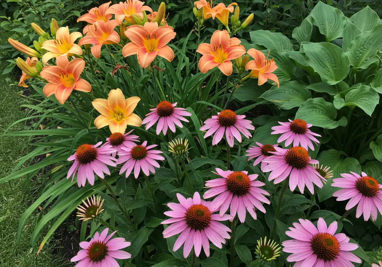 A close-up, vibrant photograph showcasing a cluster of blooming purple coneflowers (Echinacea), daylilies (Hemerocallis) in a variety of warm colors (yellow, orange, red), and a few hosta leaves with varied textures and shades of green. The flowers should be in sharp focus, with some soft blurring in the background. The lighting should be natural and bright, highlighting the colors and details of the plants.