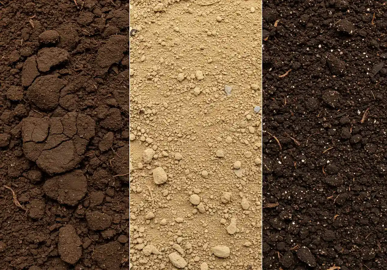 A visual representation of different soil types commonly found in the Osgoode area. The image should clearly show three distinct sections: one with heavy, dark clay soil; one with light, gritty sandy soil; and one with a balanced, dark loam soil. Each section should be clearly distinguishable, showcasing the texture and color differences.