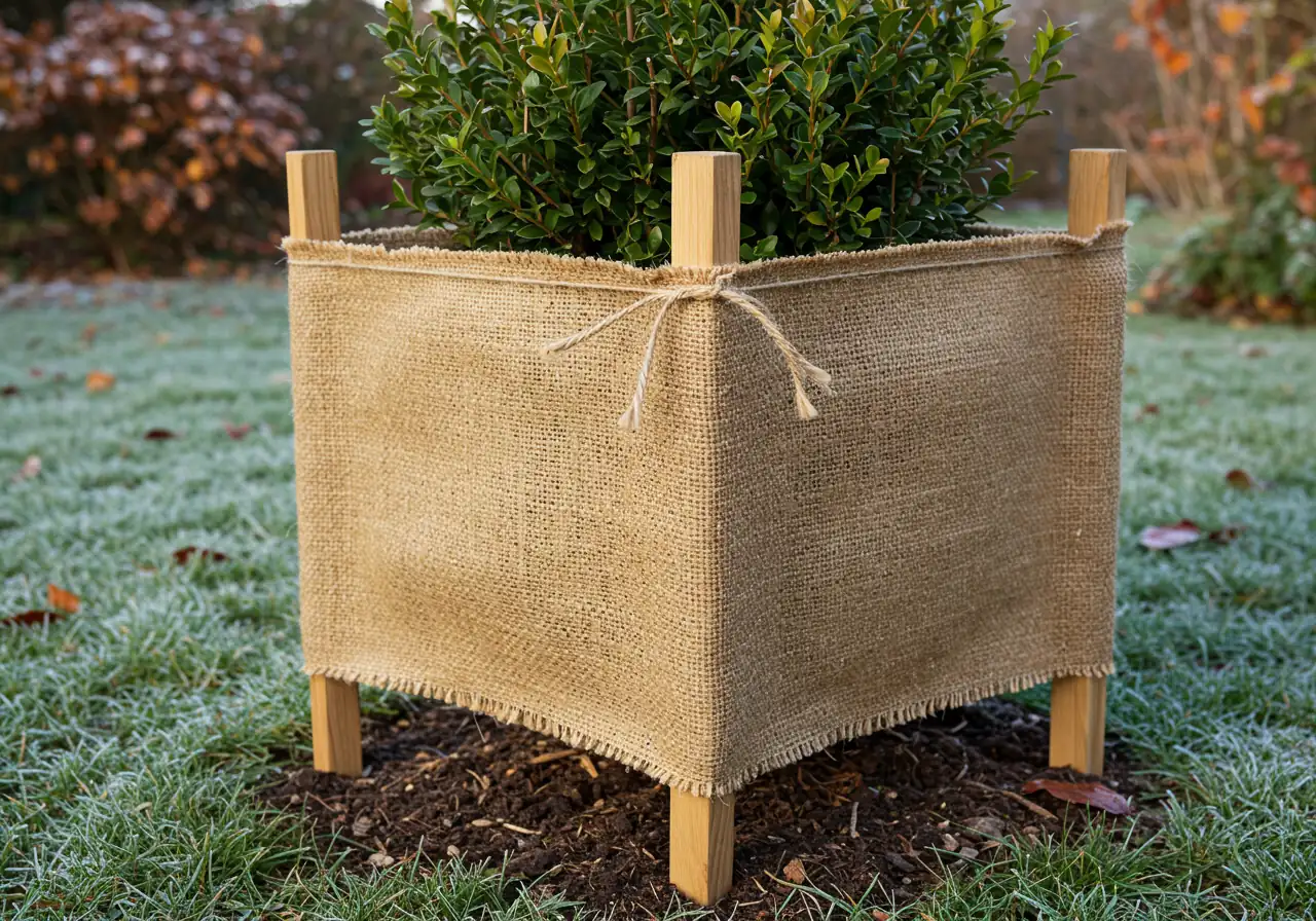 A close-up, eye-level view showing the correct technique for wrapping a vulnerable shrub (like a boxwood or small rhododendron) with burlap for winter protection. The image clearly shows the burlap wrapped around wooden stakes placed a few inches away from the plant, creating an essential air gap, rather than being tied directly against the foliage. Twine secures the burlap to the stakes. Late fall setting with dormant plants and perhaps light frost on the ground.