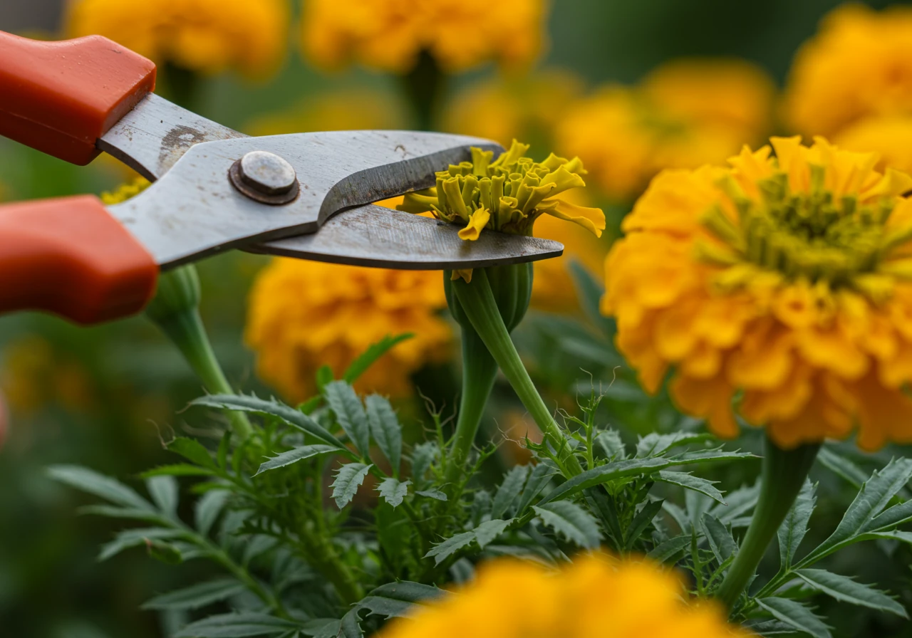 A close-up photograph focusing on a specific popular plant mentioned, like a marigold or zinnia, showing the correct point to snip a faded flower stem – just above a set of healthy leaves or a junction.