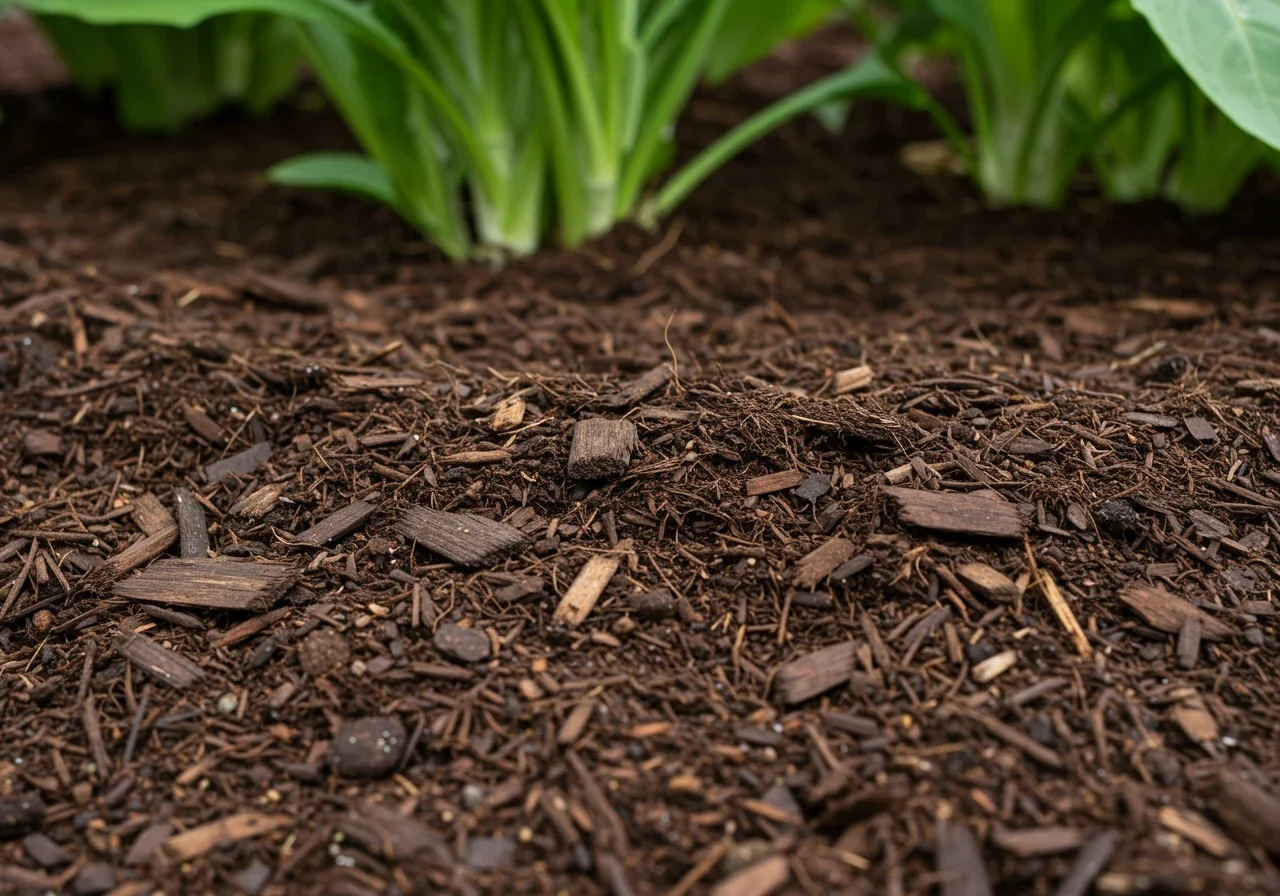 A close-up shot demonstrating the benefit of mulch as mentioned in Tip #5. Shows a thick layer of dark brown wood chip mulch neatly applied around the base of healthy green plants (like hostas or shrubs) in a garden bed, highlighting moisture retention at the soil level.