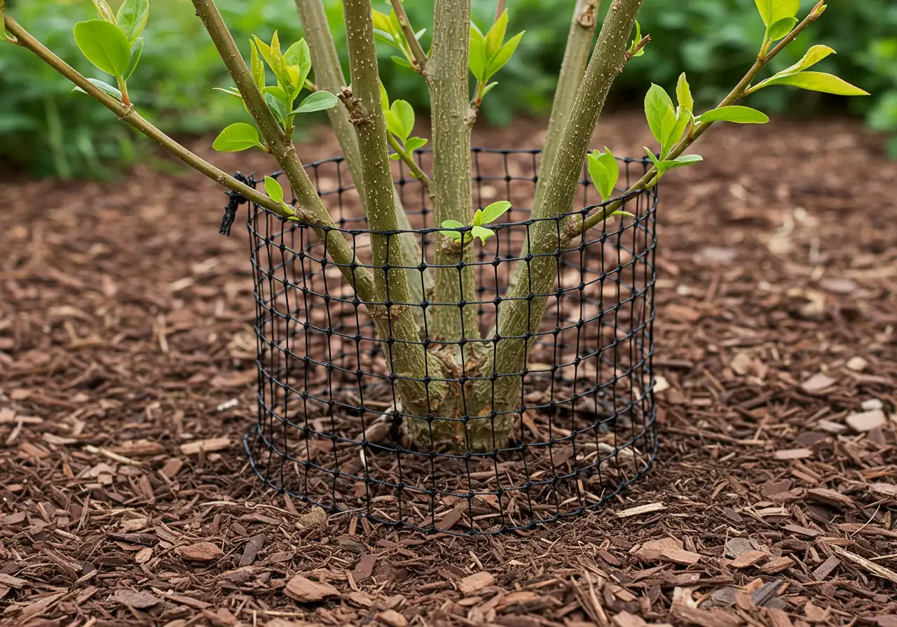 A subtle, practical photograph showing a non-plant deer deterrent in use. For example, a close-up showing fine black deer netting secured around a young, vulnerable shrub or small tree, blending somewhat into the background but clearly illustrating the protective barrier. Alternatively, show a motion-activated sprinkler head subtly placed near a garden bed.