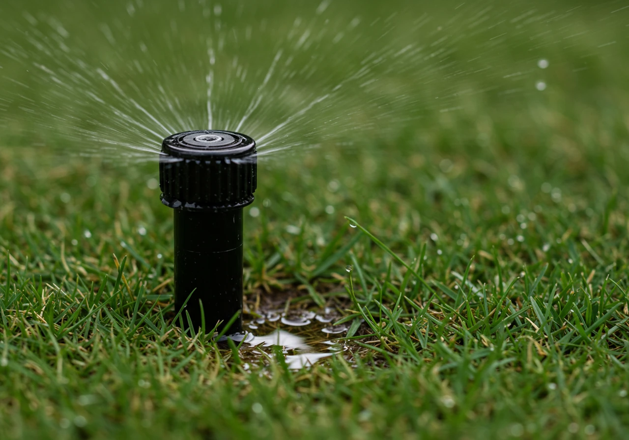 A clear, close-up photograph focusing on the base of a lawn sprinkler head embedded in grass. A noticeable small puddle of water has collected on the damp soil and grass immediately surrounding the head, indicating a leak after the system has shut off.