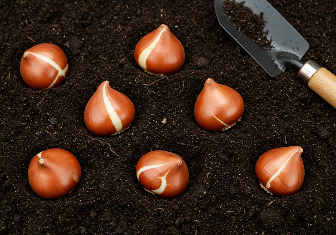 An inviting close-up shot focusing on several spring-flowering bulbs (like tulips or daffodils) nestled pointy-end-up in prepared planting holes within dark, rich garden soil. The image emphasizes the act of planting bulbs in the fall for future spring blooms.