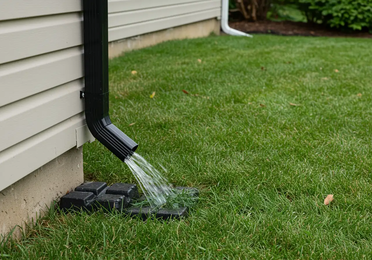A close-up photograph focused on a gutter downspout at the corner of a house. A black or white plastic downspout extension pipe is clearly attached and directs water output several feet away from the foundation onto a splash block or lawn area. This visually reinforces the tip about extending downspouts.