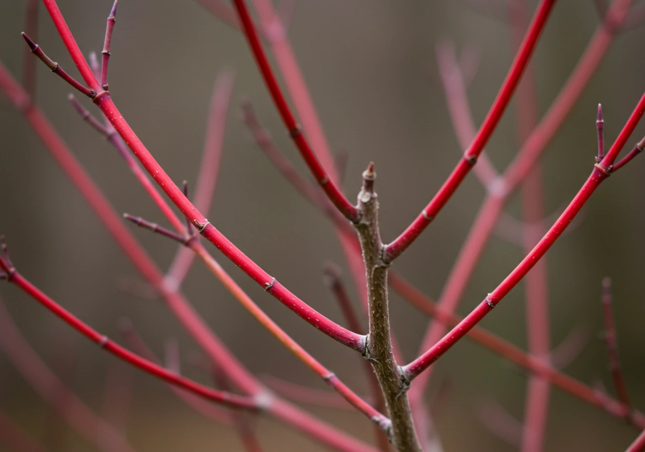 A close-up shot highlighting the vibrant red stems of a Red Osier Dogwood shrub in late fall after its leaves have dropped. The focus should be on the contrast between the bright new stems and some older, duller stems, visually representing a shrub suitable for fall renovation pruning to encourage colourful growth.