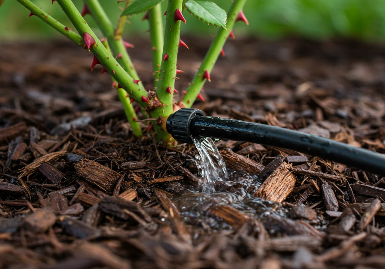 A close-up photograph demonstrating the effective deep watering technique for roses in clay soil. Show a black soaker hose laid on top of dark brown wood chip mulch at the base of a rose bush, with water slowly seeping into the mulch and soil beneath. Focus on water delivery at the root zone.