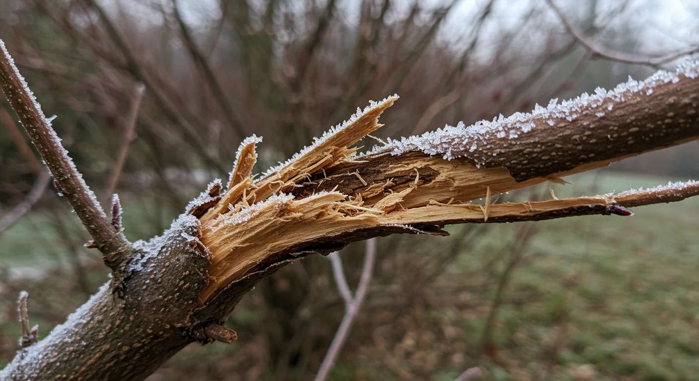 A close-up photograph capturing the harsh reality of winter damage on a dormant shrub. Focus on a specific branch that is clearly broken or snapped, possibly with lingering frost or dried leaves clinging to it, symbolizing the 'grumpy yeti' wrestling match mentioned. The background should be slightly blurred, suggesting other dormant shrubs in an Ottawa winter setting.