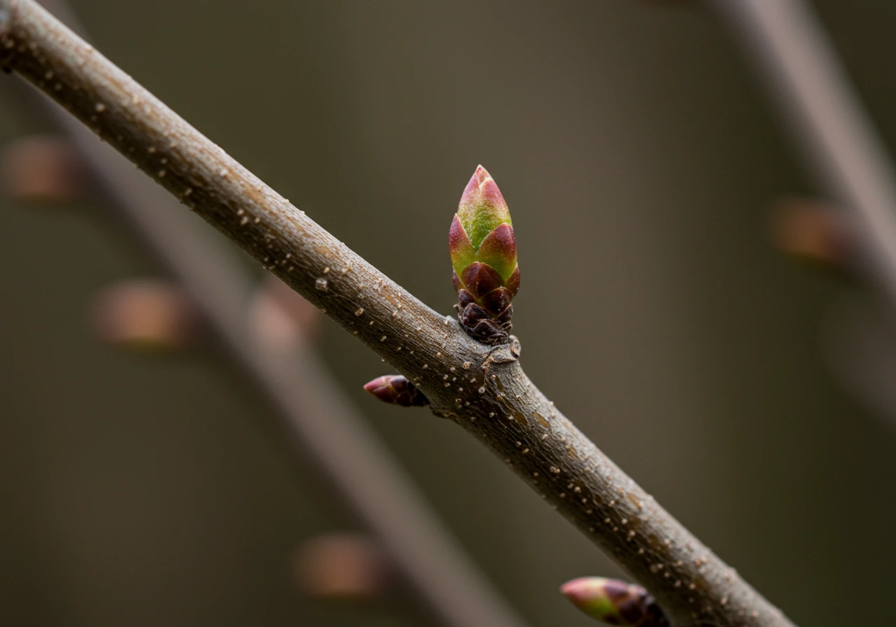 A detailed close-up photograph focusing on a woody shrub branch demonstrating a proper pruning cut. The image should show a clean, angled cut made just above a healthy, swelling bud, without leaving a stub or damaging the bud. The texture of the bark and the freshness of the cut should be visible.