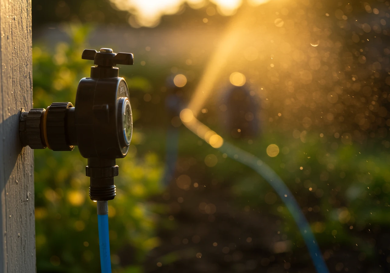 A photograph focusing on a digital water timer attached to an outdoor faucet (hose bib) on the side of a house. A drip irrigation line is connected and leads away towards a blurred background of a healthy garden bed. The lighting should suggest early morning (soft, golden light, long shadows) to visually reinforce the recommended watering time.