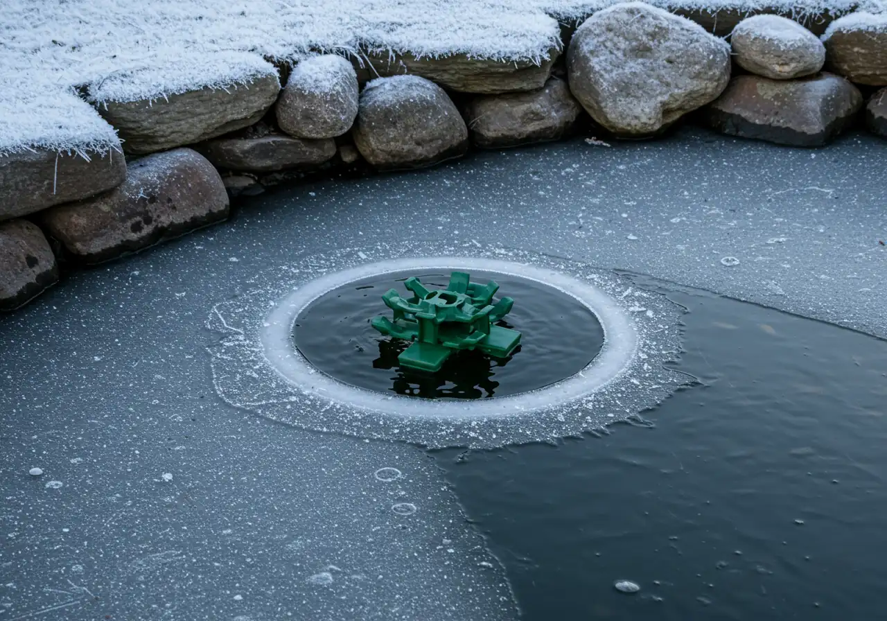 A visually clear image of a floating pond de-icer unit actively working in a frozen pond, maintaining a distinct, circular hole of open, dark water surrounded by white ice. This directly illustrates the function described in the text.