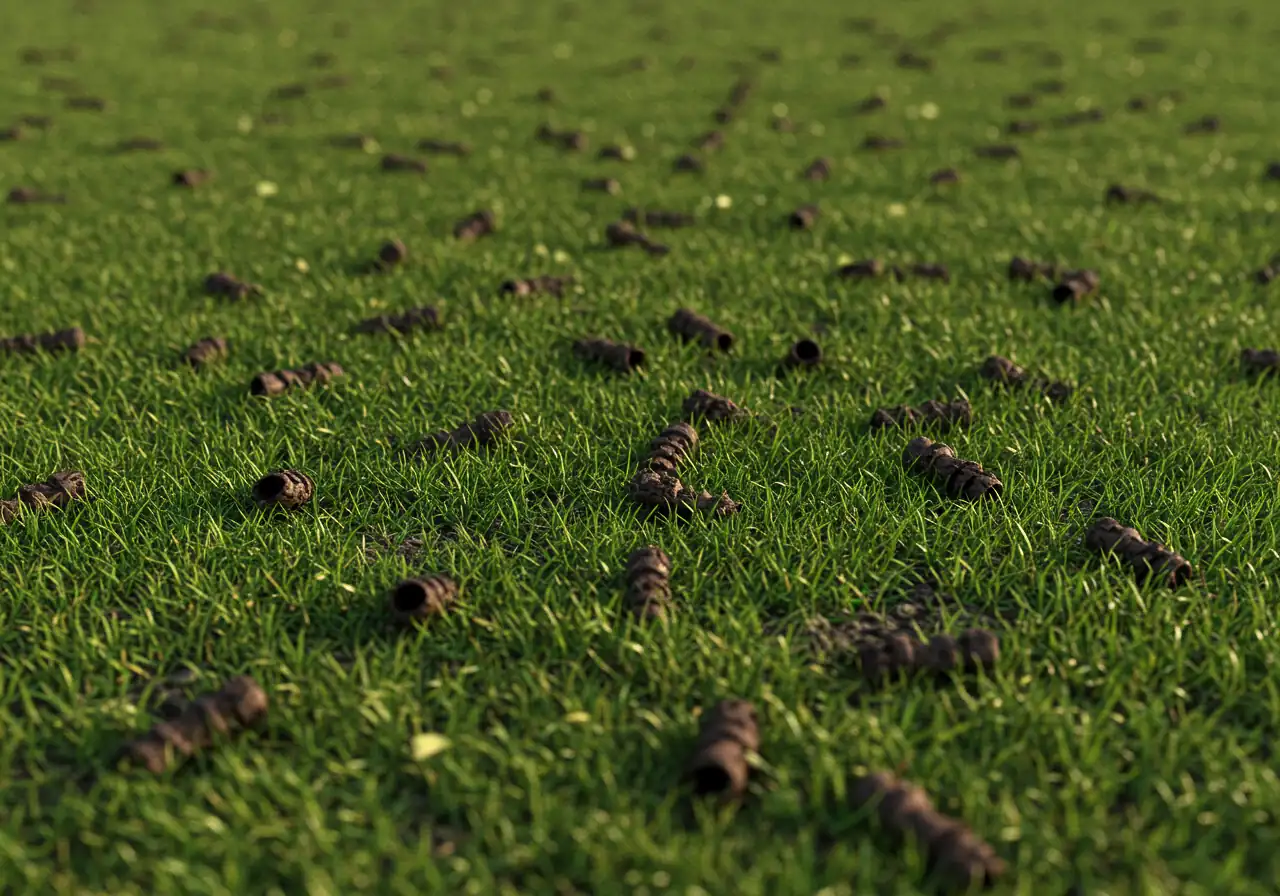 A low-angle close-up view of a residential lawn surface immediately after core aeration. Clearly visible are numerous small, cylindrical soil plugs scattered across the mown grass, illustrating the result of the aeration process effectively. Late autumn scene.