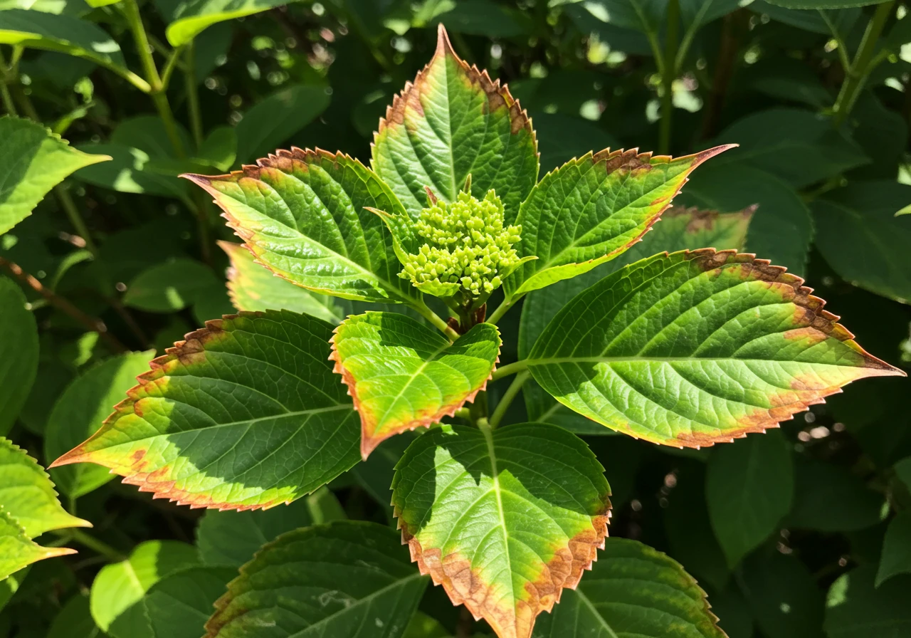 A close-up, detailed photograph vividly showing the symptoms of heat stress on a popular garden plant, like a hydrangea or hosta. The leaves should appear noticeably wilted and drooping, perhaps with some slight browning or crisping along the edges (leaf scorch), under the bright, harsh light of midday sun. The focus should be sharp on the stressed foliage, conveying the plant's struggle against the heat.