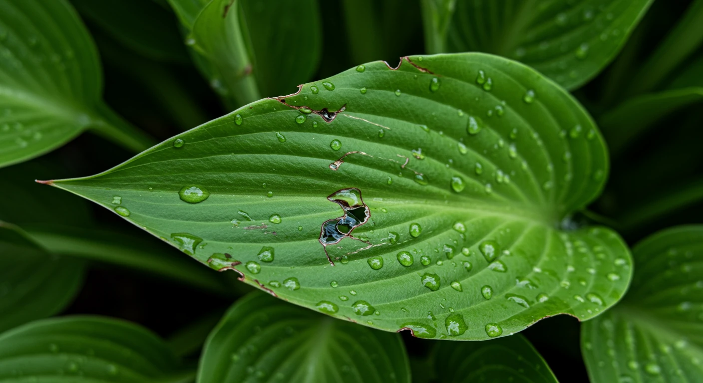 A close-up, slightly dramatic photograph focusing on the freshly nibbled, jagged stem and leaves of a spring tulip or hosta plant. The image should clearly show the damage caused by deer browsing, contrasting the bright green of the remaining plant with the damaged edges, perhaps with a soft-focus garden background suggesting early spring.