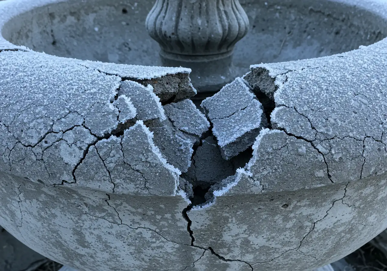 A dramatic close-up image showing a concrete garden fountain basin with visible, distinct cracks caused by ice expansion damage. A light dusting of frost or ice crystals could be visible on the edges to emphasize the cold, highlighting the consequences of not winterizing.