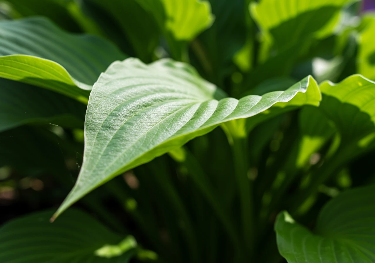 A close-up photograph illustrating heat stress on a garden plant. The image should clearly show a leafy plant, perhaps a hydrangea or hosta, with leaves beginning to wilt and droop noticeably under bright, harsh sunlight. The focus should be tight on the affected leaves, conveying thirst and the impact of high heat, set against a slightly blurred garden background. The colors should still be relatively vibrant but showing the distinct signs of wilting.