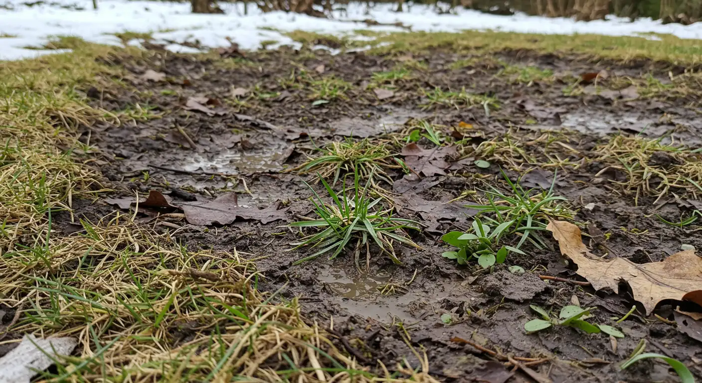 A close-up view of a somewhat neglected garden bed in early spring after snow melt. It should show patches of muddy soil, scattered dead brown leaves from the previous fall, maybe a few small, resilient weeds starting to poke through, and perhaps some matted grass nearby. The overall feeling should be damp and slightly chaotic, representing the 'before' state.