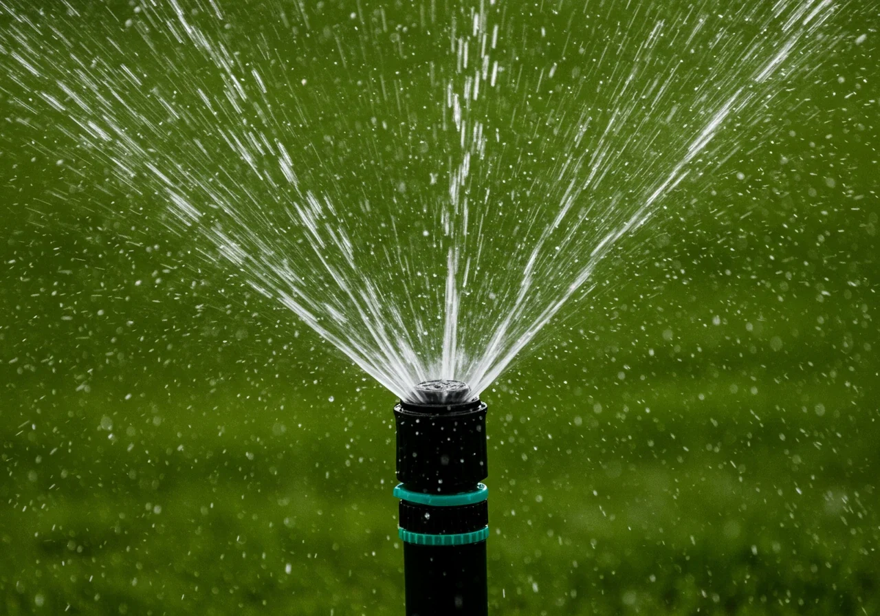 A dramatic photograph focusing on a single sprinkler head malfunctioning, shooting a tall, narrow geyser of water straight up into the air against a backdrop of green lawn. Water droplets are visible, catching the sunlight. This image clearly illustrates the 'Broken Head Bandit' suspect.