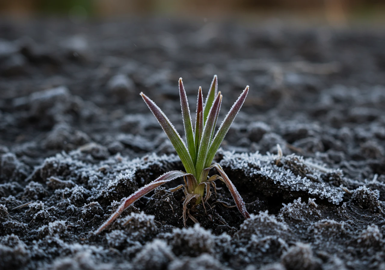 A close-up, realistic photograph illustrating frost heave. A small dormant perennial plant, like a hosta crown or coral bell, is visibly pushed slightly upwards out of the dark, cold garden soil. The soil around it might show some cracking or disturbance from the freeze-thaw action. A light dusting of frost is visible on the soil surface and the dormant plant stems. The background is softly blurred, suggesting a dormant winter garden setting.