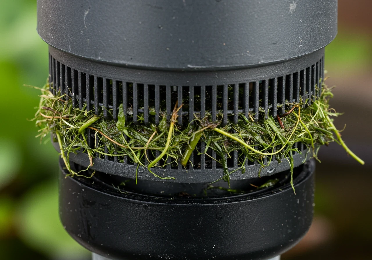 Close-up view of a submersible water feature pump's intake screen partially clogged with natural debris like small leaves, twigs, and bits of algae. The focus is on the screen and the debris obstructing water flow, highlighting a common maintenance check.