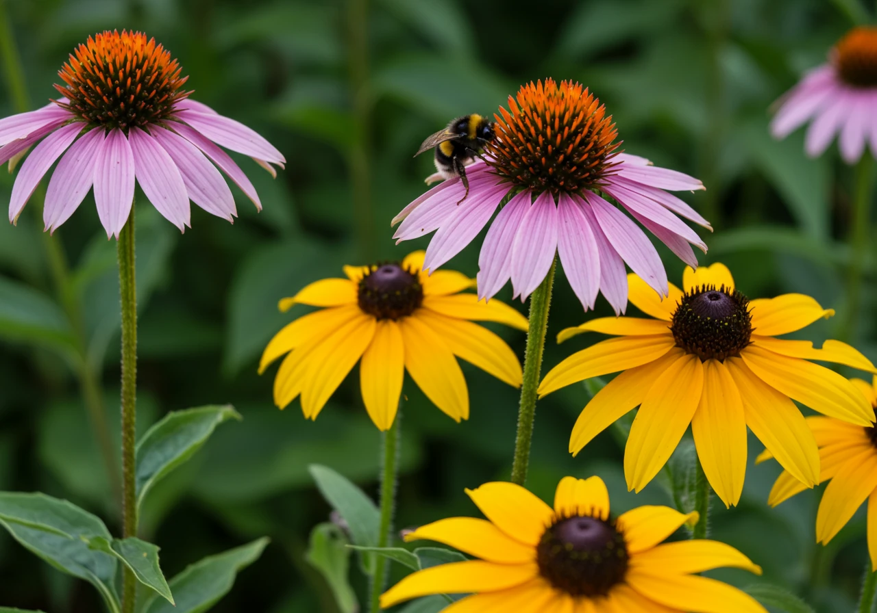 A close-up, sun-drenched view within a flower bed highlighting recommended sun-loving perennials. Focus on healthy purple Coneflowers (Echinacea) attracting a bumblebee, alongside bright yellow Black-eyed Susans (Rudbeckia hirta). The background shows blurred green foliage, emphasizing the flowers and pollinator interaction.