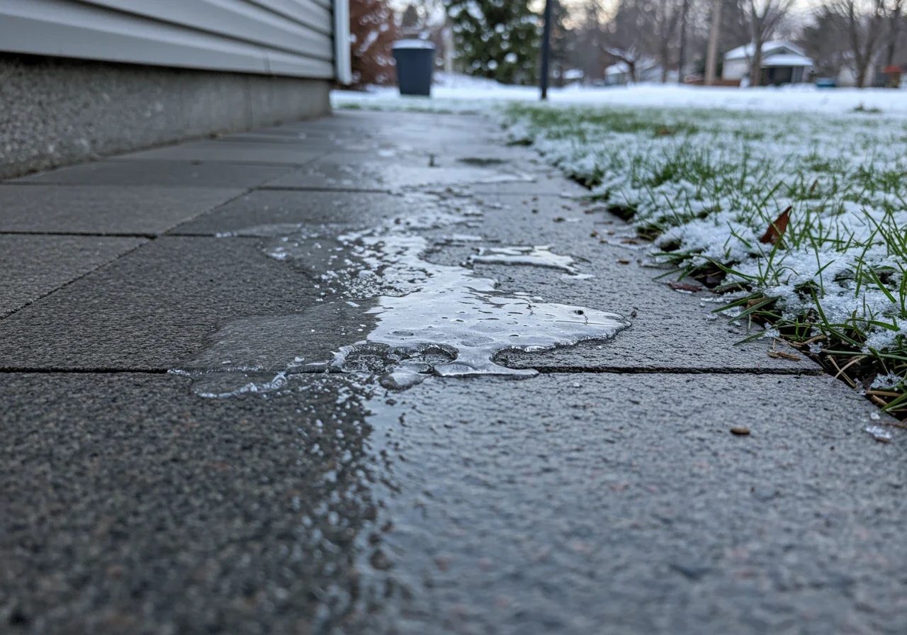 A realistic photograph focusing on a dangerous-looking patch of sheer, clear ice covering a portion of a stone walkway next to a house during winter. This visual directly represents the hazardous freeze-thaw consequences of poor drainage discussed in this section.