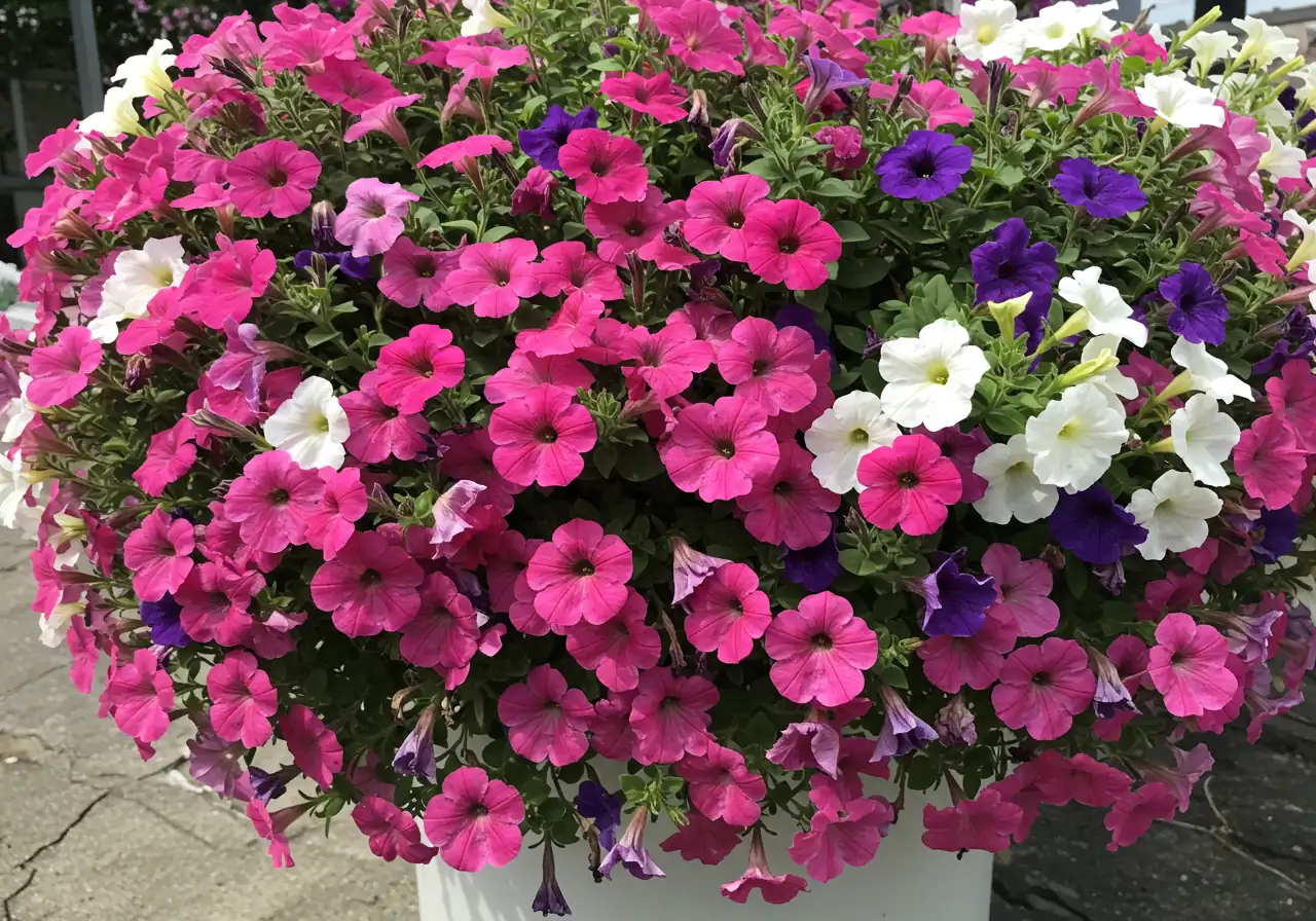 A detailed close-up view of vibrant, healthy Petunia flowers (e.g., pink, purple, white mix) cascading lushly, perhaps spilling over the edge of a hanging basket or container. The image should highlight the prolific blooming nature of well-maintained petunias, showcasing numerous fresh flowers and healthy green foliage.