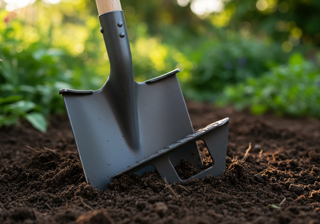 An image focusing on the blade of an ergonomic shovel correctly positioned to enter the soil in a garden bed. The shovel blade should be angled slightly, with emphasis on its sharp edge and the step plate. Show rich, dark garden soil partially disturbed. The background should be softly blurred garden foliage. This implies correct usage technique without showing a person.