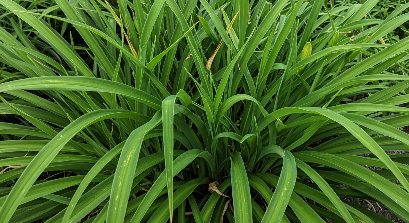 A close-up photograph focusing on an extremely dense and overcrowded clump of Daylily plants in a garden bed. The leaves should be tightly packed, overlapping significantly, some perhaps yellowing slightly in the center, clearly showing the lack of space between individual plants and illustrating the need for division. Soft, late afternoon sunlight.