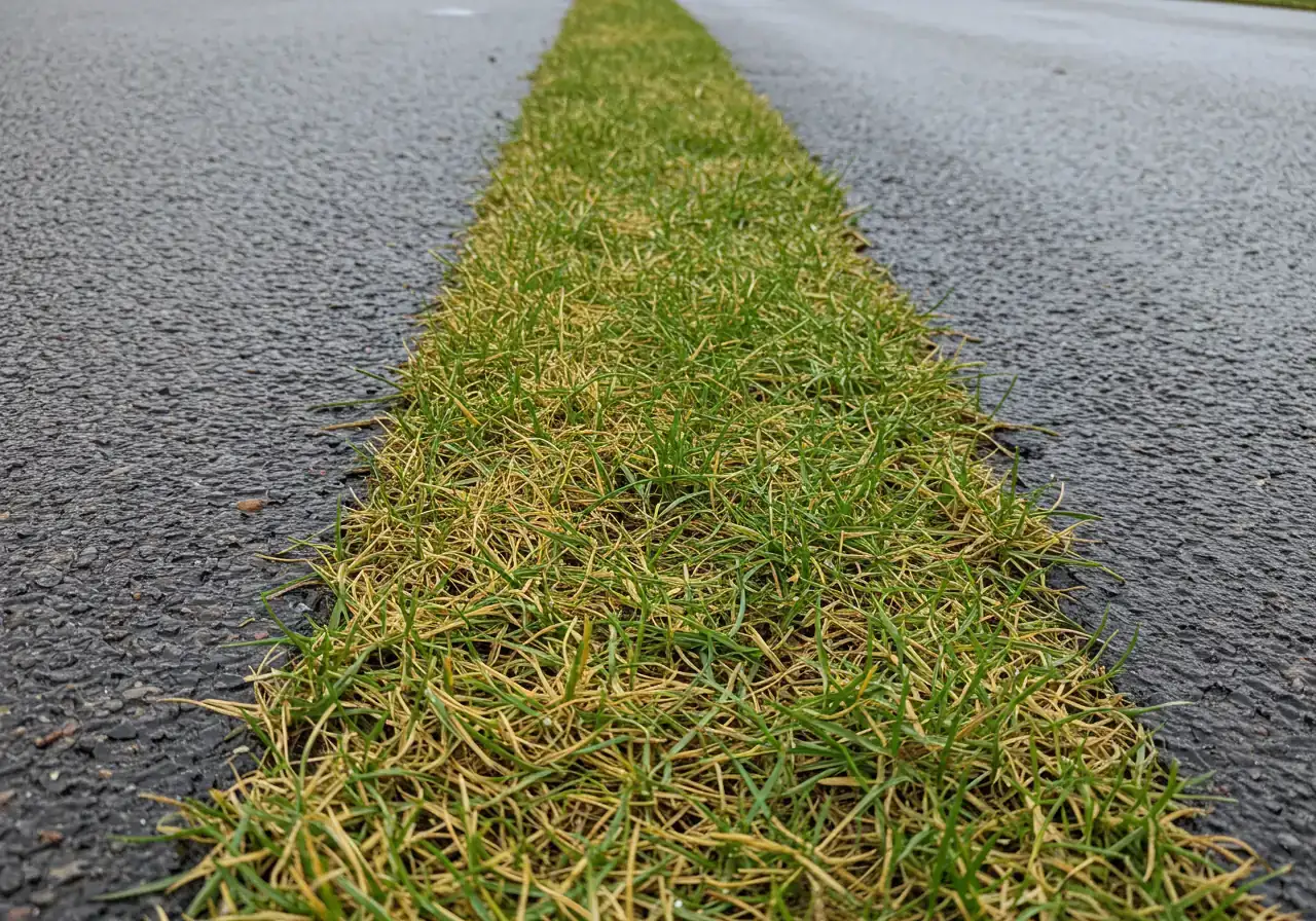 A close-up photograph illustrating common winter damage. Show brown, dead grass patches near the edge of a driveway or sidewalk, indicative of salt damage, contrasting with healthier green grass further away. Some lingering melting snow or wet pavement could be subtly included in the background for context.
