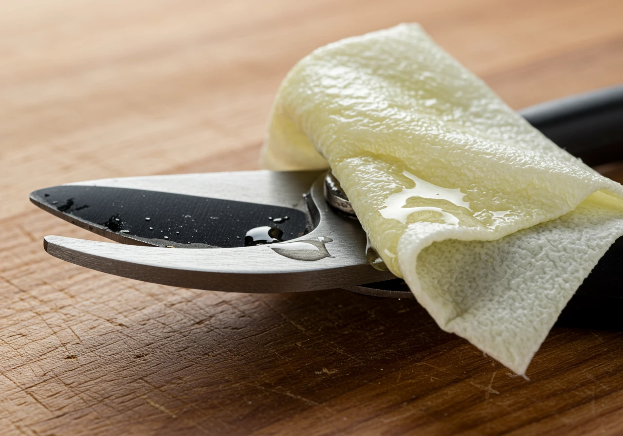 A close-up image focusing on a pair of clean bypass pruning shears resting on a workbench. A clean, soft rag, visibly damp with clear oil, lies partially across the metal blades, leaving a thin, glistening film of oil. Highlights reflect off the oiled metal surface, conveying protection.