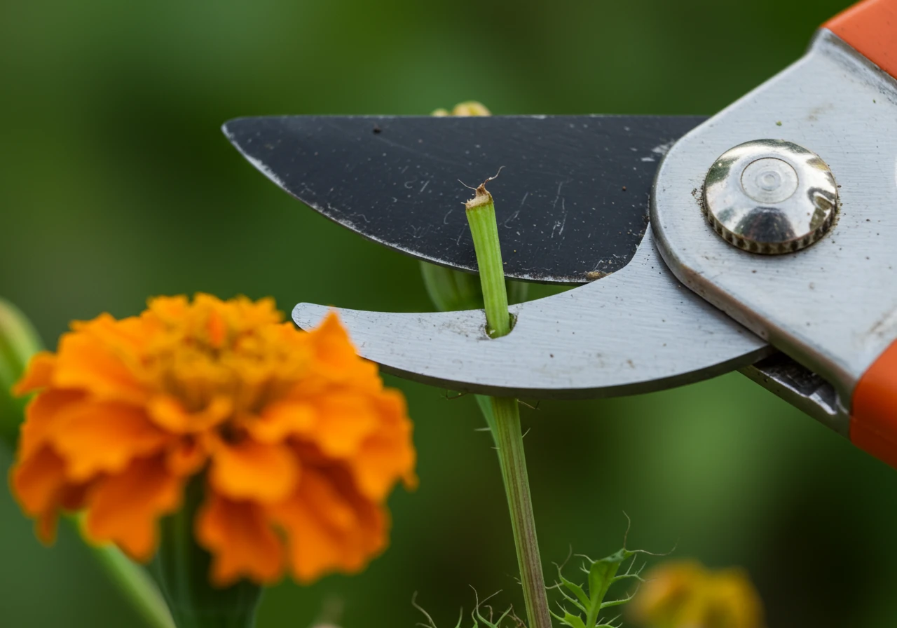 A clear, close-up photograph demonstrating the 'snipping' technique. Sharp, clean bypass pruners are shown mid-cut, removing the stem of a faded marigold or zinnia flower. The cut is accurately positioned slightly above a set of healthy leaves or a lateral bud. Focus is sharp on the pruner blades, the stem being cut, and the faded flower.