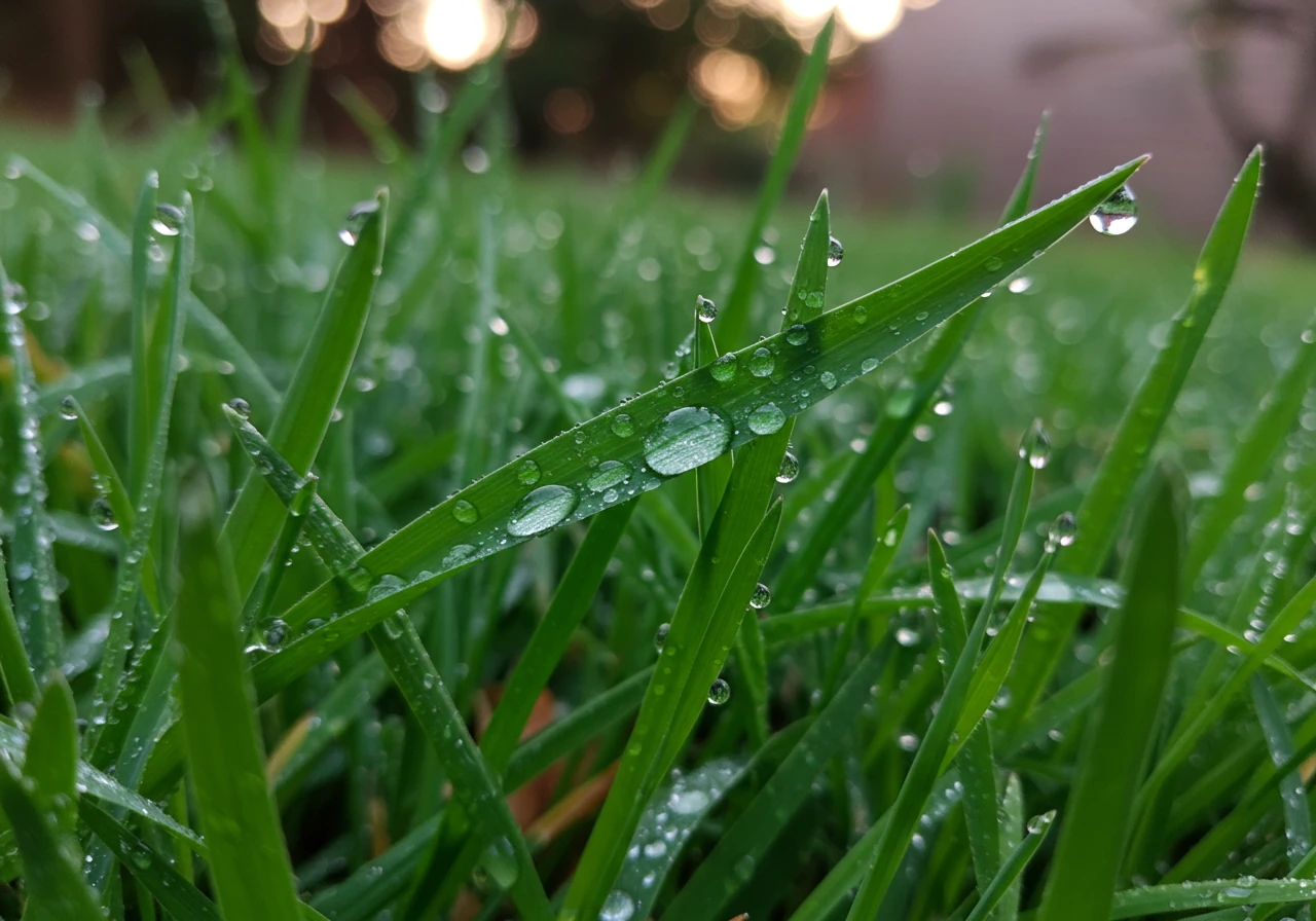 A close-up shot emphasizing water droplets resting on lush, green grass blades, signifying the crucial step of watering in fertilizer. The lighting should suggest early morning or late evening cool temperatures, reinforcing the advice on proper application timing.