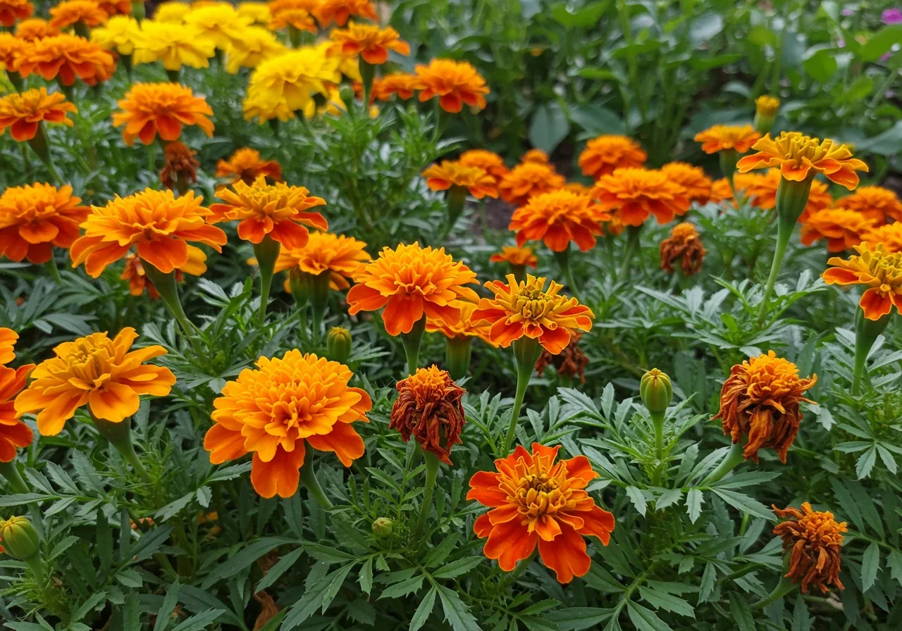 A bright, appealing image focusing on a cluster of colourful flowering annuals, like marigolds or petunias, in a garden bed. The image should showcase a mix of vibrant, fully open blooms and several clearly faded or shriveled flower heads still attached to the stems, visually illustrating what needs to be 'deadheaded'. The overall impression should be a healthy plant actively producing flowers.