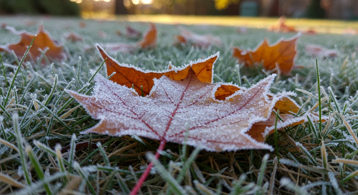 A visually appealing image capturing the essence of late autumn in an Eastern Ontario garden. Focus on frost lightly dusting colourful fallen leaves (maple, oak) scattered on dormant grass or a garden bed containing perennials just starting to show frost damage. The lighting should suggest a crisp, cool morning.